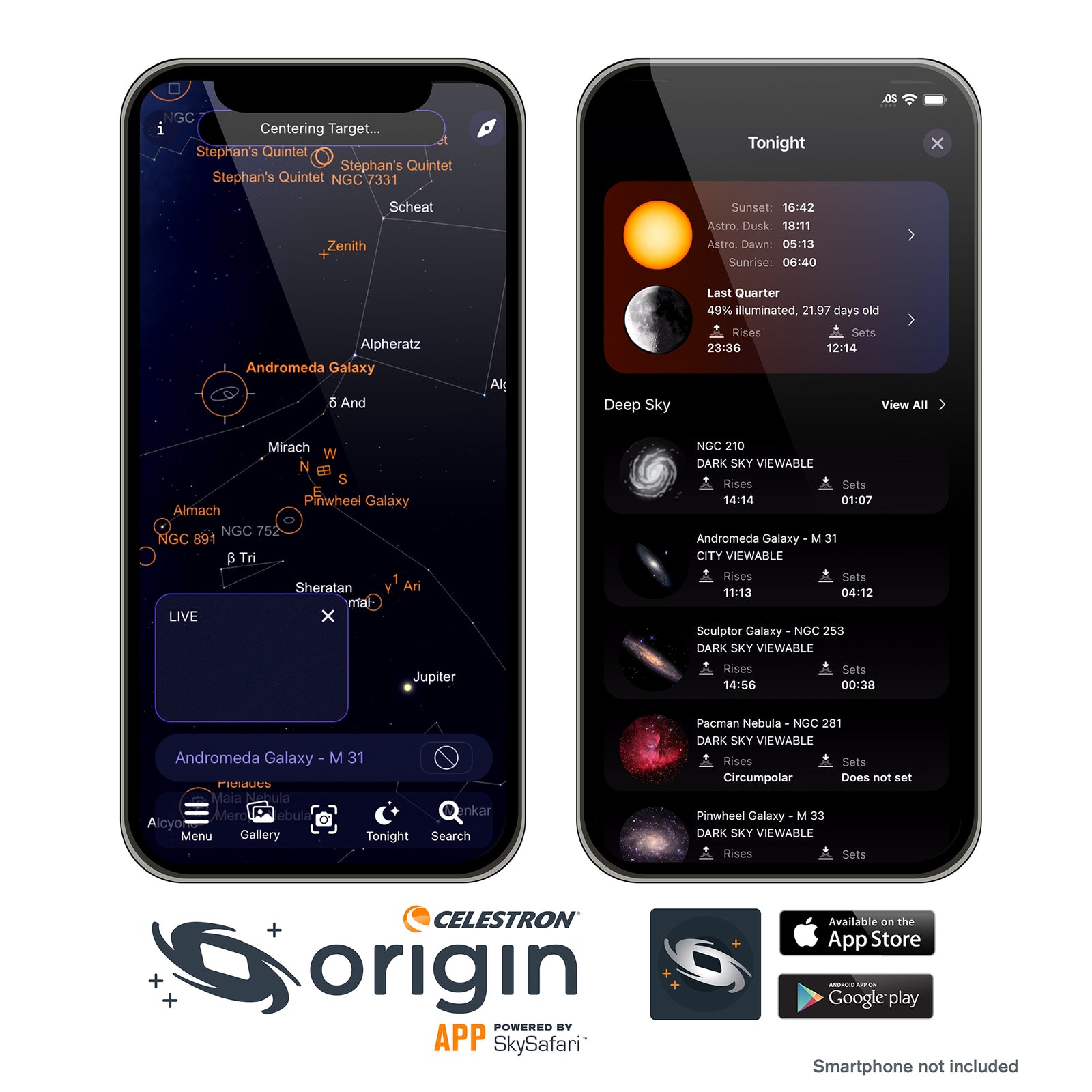 Celestron Origin Powered by SkySafari app showing planetarium and Tonight's Best target selection
