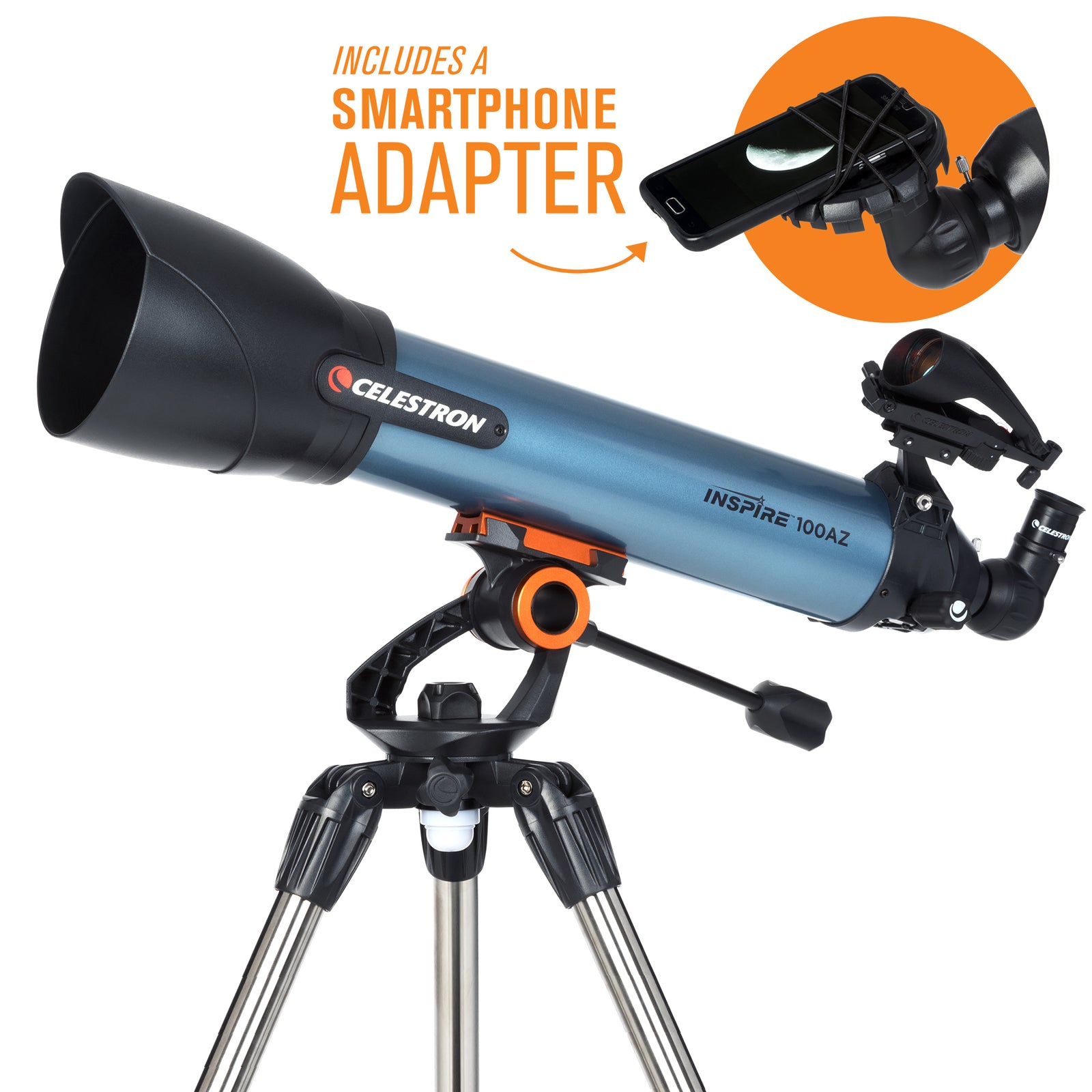 Celestron Inspire 100AZ refractor telescope with integrated smartphone adapter