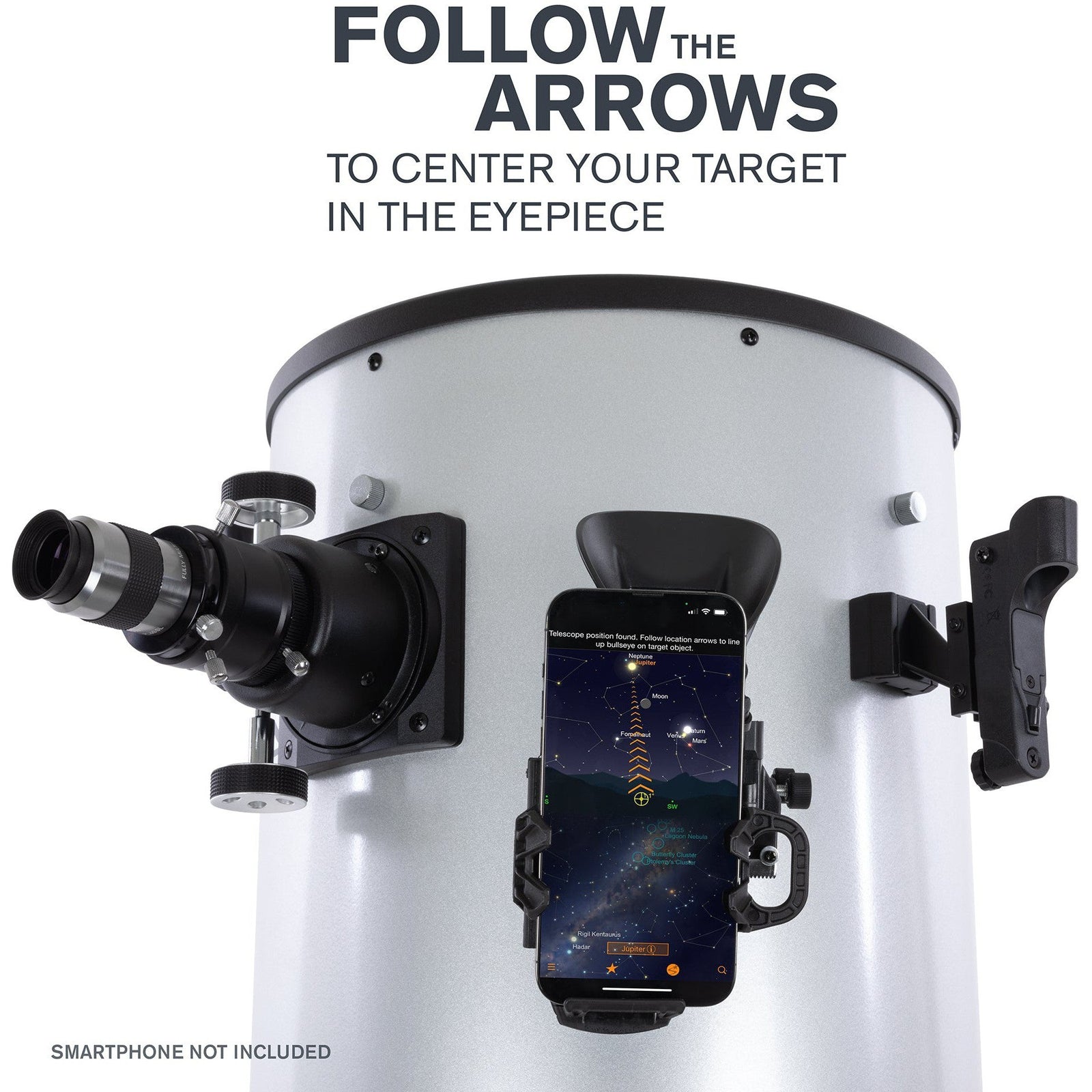 StarSense Explorer app arrows guiding the Celestron 12-inch Dobsonian to a target