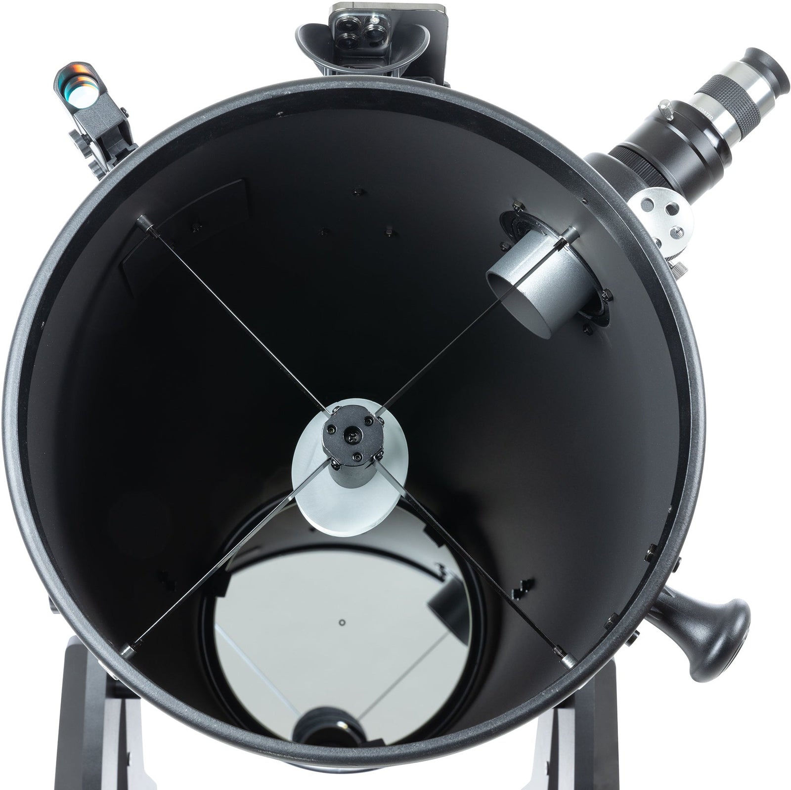 Front view of the 305mm parabolic mirror in the Celestron StarSense Explorer 12-inch Dobsonian