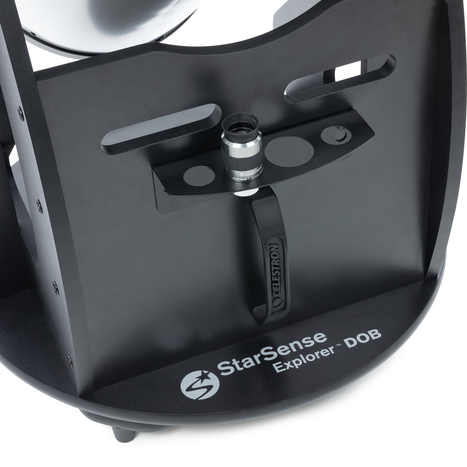 Eyepiece rack and tensioning handle on the Celestron StarSense Explorer 12-inch Dobsonian base