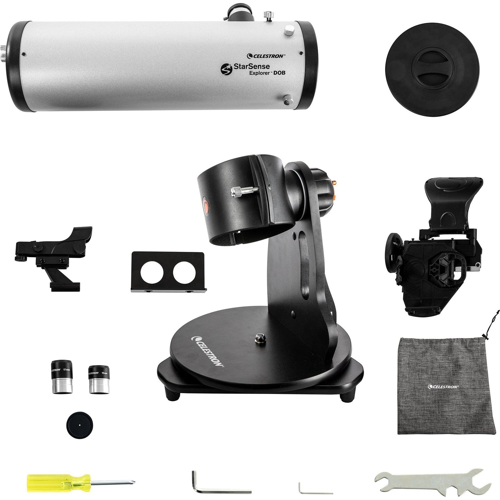 Included components supplied with the Celestron StarSense Explorer 114mm tabletop Dobsonian