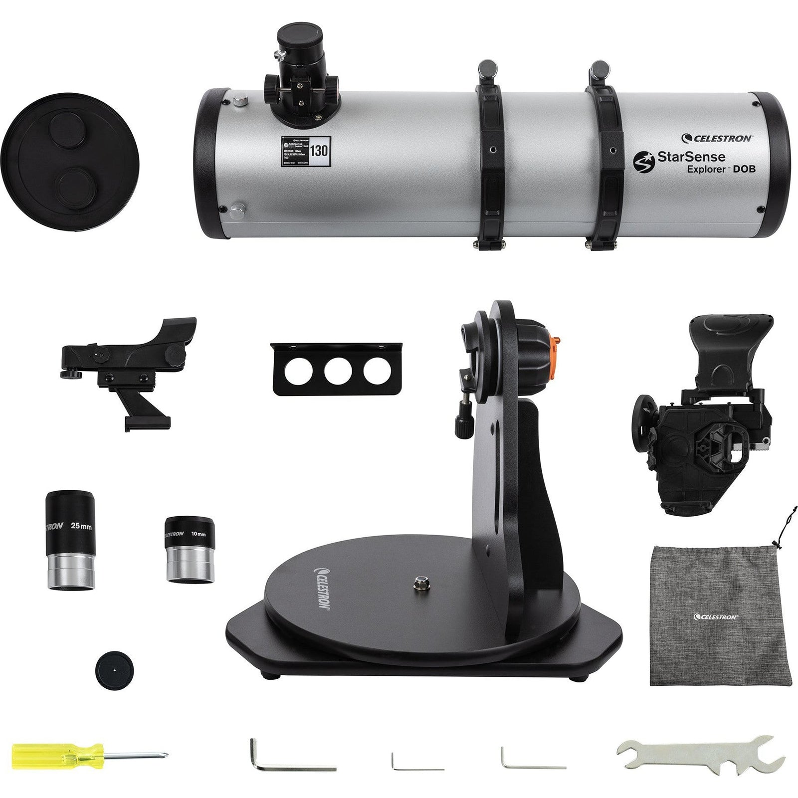 Included components supplied with the Celestron StarSense Explorer 130mm tabletop Dobsonian