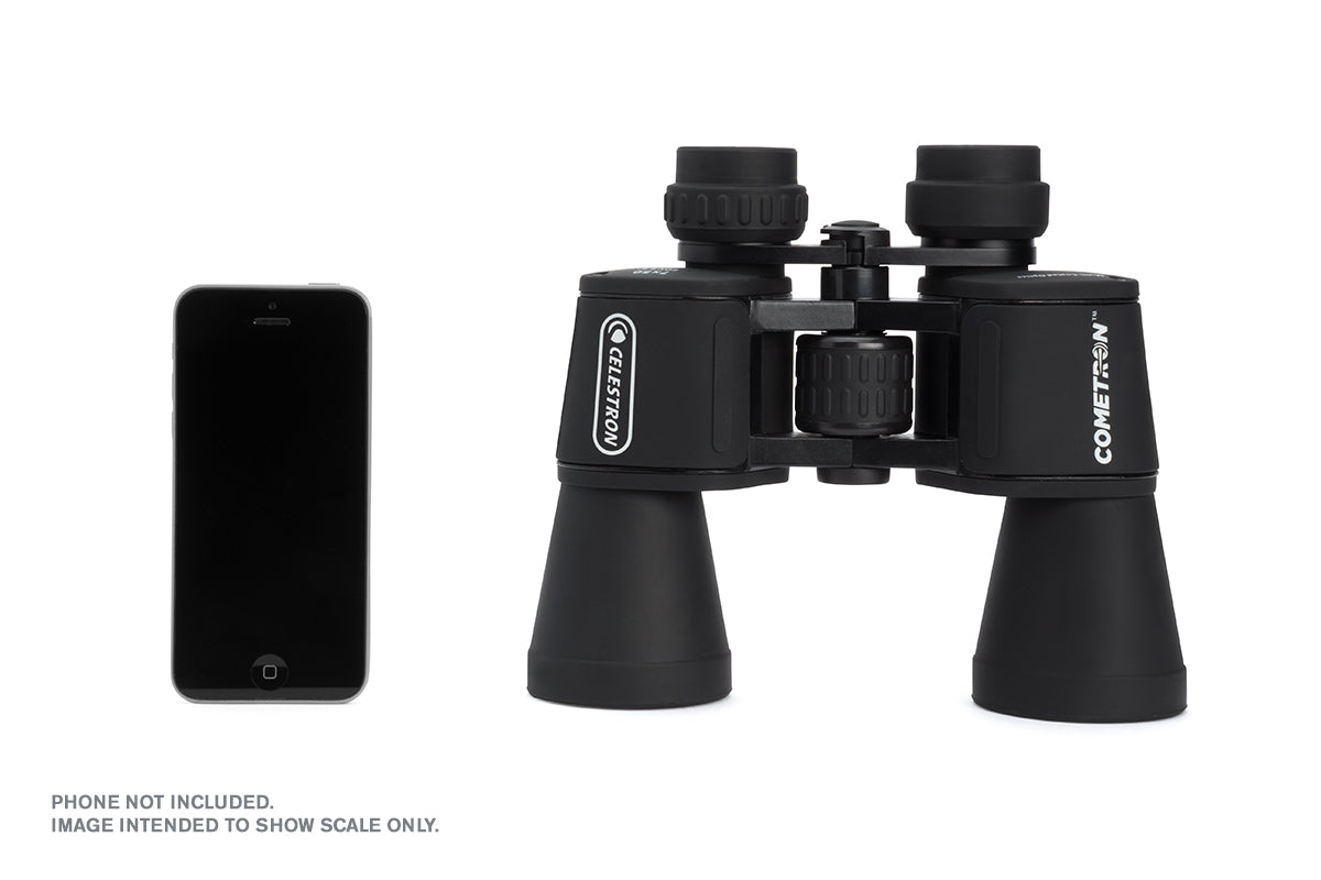 Celestron Cometron 7x50 binoculars size comparison with phone