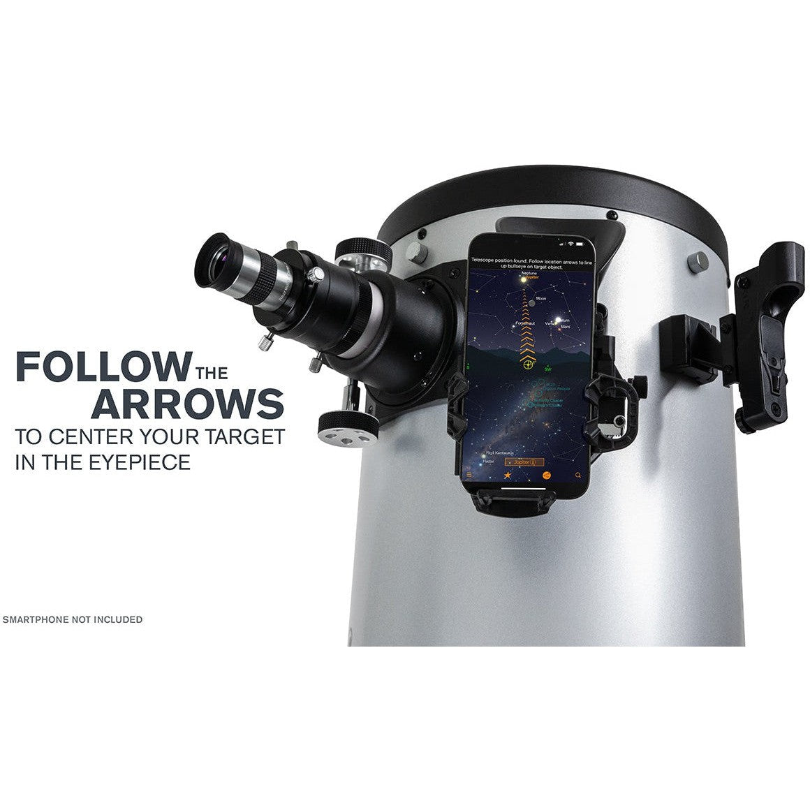 StarSense Explorer app arrows guiding the Celestron 10-inch Dobsonian to a target