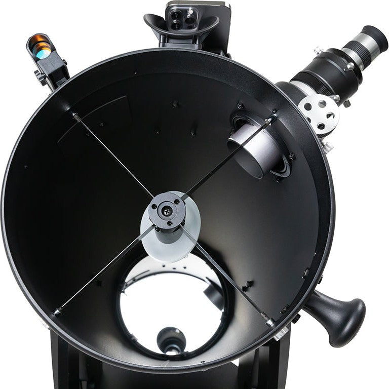 Front view of the 254mm parabolic mirror in the Celestron StarSense Explorer 10-inch Dobsonian