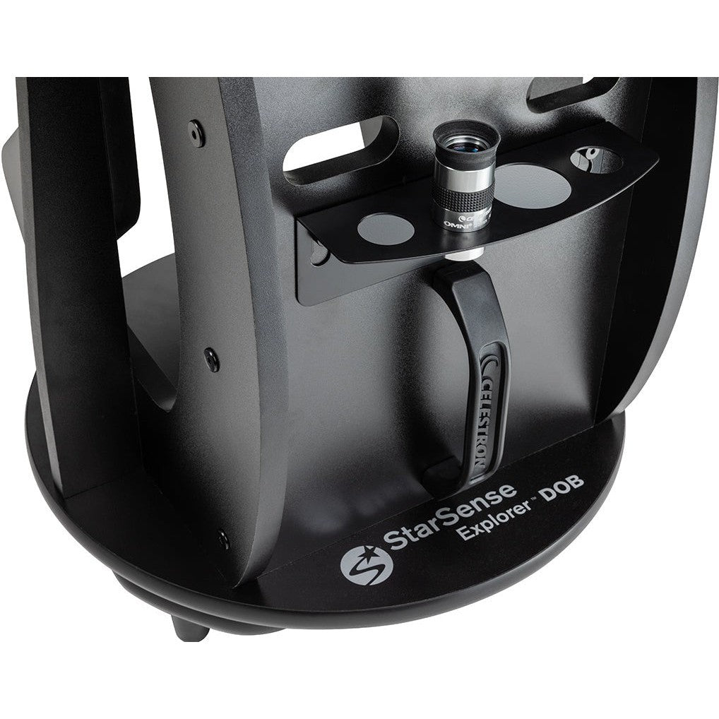 Eyepiece rack and tensioning handle on the Celestron StarSense Explorer 10-inch Dobsonian base