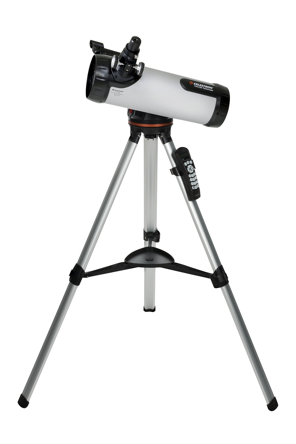 Complete Celestron 114LCM telescope on its adjustable aluminium tripod